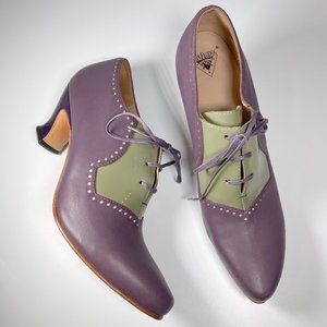 Fluevog Timbuktu lace-up heels, purple and green, size 9